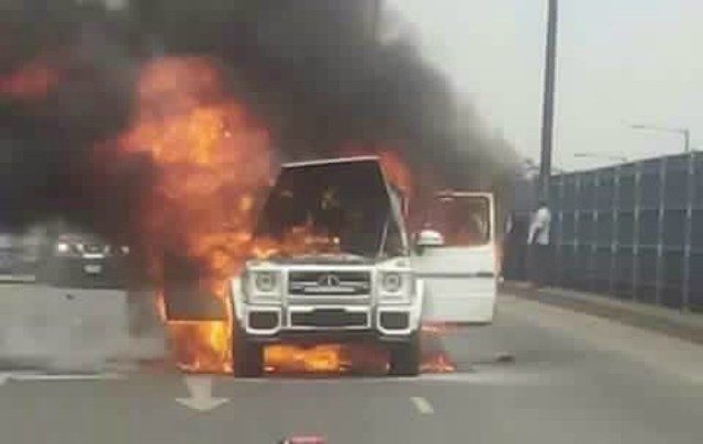 ...the Benz...on fire...after Governor Ayodele Fayose's lucky escape...