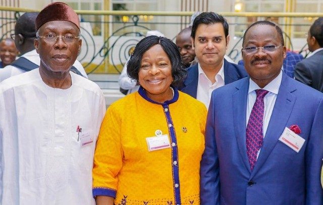 L-R: Minister of Agriculture and Rural Development, Chief Audu Ogbeh; National President, Nigerian Association of Chambers of Commerce, Industry, Mines and Agriculture, Chief Alaba Lawson; and Oyo State Governor, Senator Abiola Ajimobi; during the summit, holding at Waldorf Hilton Hotel, London...on Tuesday…