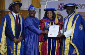 Ajimobi, Wife Announce Scholarship For Indigent Ajayi Crowther Varsity Students L-R: Pro-Chancellor/Chairman, Governing Council, Ajayi Crowther University (ACU), Oyo, Chief Wole Olanipekun, SAN; Oyo State Governor, Senator Abiola Ajimobi; his wife and recipient of honorary Doctor of Science (Public Administration), Mrs. Florence Ajimobi; and Chancellor, ACU, Most Rev. Peter Akinola, during the institution's 9th convocation ceremony, held in Oyo... on Friday…