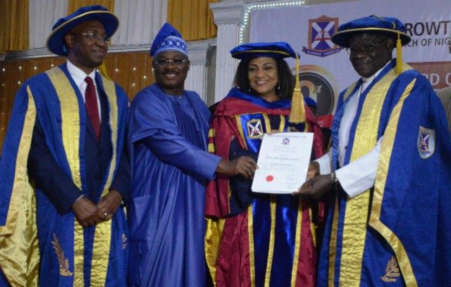 L-R: Pro-Chancellor/Chairman, Governing Council, Ajayi Crowther University (ACU), Oyo, Chief Wole Olanipekun, SAN; Oyo State Governor, Senator Abiola Ajimobi; his wife and recipient of honorary Doctor of Science (Public Administration), Mrs. Florence Ajimobi; and Chancellor, ACU, Most Rev. Peter Akinola, during the institution's 9th convocation ceremony, held in Oyo... on Friday…