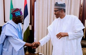 Sallah: Tinubu, Buhari Exchange Greetings President Muhammadu Buhari, right, with Senator Bola Ahmed Tinubu