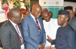 Nigeria Economic Summit: Osinbajo Visits Shell Exhibition Stand L-R: Managing Director, Shell Nigeria Exploration and Production Company, Bayo Ojulari; and the Managing Director, The Shell Petroleum Development Company of Nigeria (SPDC) Ltd and Country Chair, Shell Companies in Nigeria, Osagie Okunbor, receiving Chairman, Nigeria Economic Summit Group, Bukar Kyari and the Vice President, Prof. 'Yemi Osinbajo at the Shell exhibition…