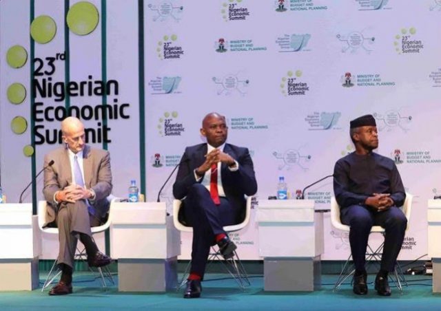 L-R: John Rice, Vice Chairman GE; Tony Elumelu, Chairman Heirs Holdings and Vice President Of Nigeria, Professor Yemi Osibanjo during the preliminary panel discussion titled: Opportunities, Productivity and Employment: Actualising the Economic Recovery and Growth Plan, at the 23rd Nigerian Economic Summit in Abuja…