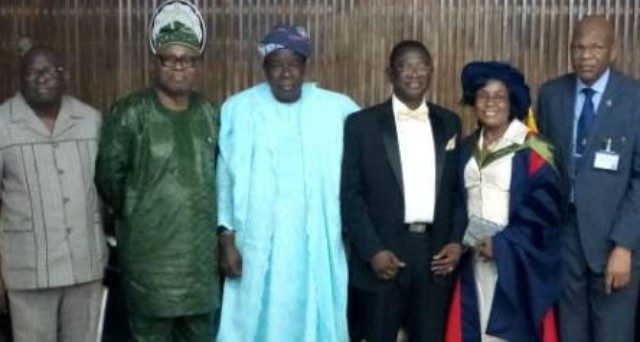 L-R: Governor Abiola Ajimobi's COS, Dr Gbade Ojo, SSG, Ismael Alli, Oyo's Deputy Governor, Otunba Moses Alake Adeyemo, VC Tech-U, Professor Ayobami Salami, lecturer, Professor Abiodun Salami and VC, OAU, Professor Eyitope Ogunbodede...before the lecture was delivered...
