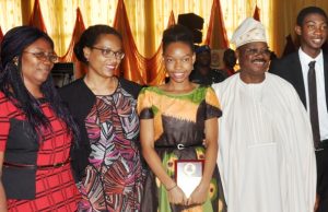 Photo: Ajimobi Unveils Overall 2017 WAEC Best Student In Nigeria From left: Principal, Oritamefa Baptist Model School, Ibadan, Mrs Elizabeth Abatan, Mother of the overall 2017 WAEC best student in Nigeria, Dr Chiaka Irabor, overall 2017 WAEC best student in Nigeria, Miss Isabele Iraboh, Gov. Abiola Ajimobi of Oyo state and 2nd overall 2017 WAEC best student in Nigeria, Master Oluwatoni Adekunle after they were recognized at the launching