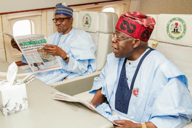 President Muhammadu Buhari, left, with Asiwaju Bola Tinubu in the Presidential Jet on their way to Abidjan on Tuesday...