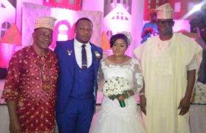 Cleric Admonishes On Humility As Ekiti Speaker’s Son Marries R-L: Governor Ayodele Fayose, the couple and the groom's father, Hon Kola Oluwawole...during the wedding ceremony...