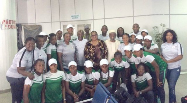 Nigeria’s U20 girls, Falconets, in a group picture with Senator Olusola Adeyeye...