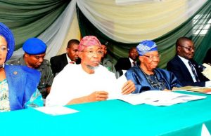 Aregbesola Attends Lead City University’s Convocation Lecture Guest Lecturer/Governor State of Osun, Ogbeni Rauf Aregbesola (2nd left), his deputy, Mrs. Titi Laoye-Tomori (left), Chairman on the occasion & Chancellor Lead City University, Prof. Gabriel Ogunmola (middle), Vice Chancellor Lead City University Prof. Kabir Adeyemo (2nd right) and Registrar Lead City University, Dr. Oyebola Ayeni, during the lecture on Wednesday…