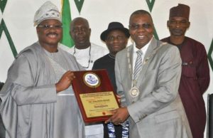 Photo: Ajimobi Becomes Patron Of Nigerian Institution of Estate Surveyors & Valuers Oyo State governor, Senator Abiola Ajimobi (left) with President, Nigerian Institution of Estate Surveyors & Valuers, ESV (Dr) Bolarinde Joshua Ajayi and Acting Secretary of the Institution,ESV Bature Ali Muhammed during the investiture…