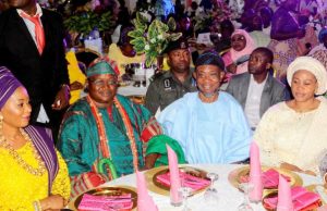 Photo: Aregbesola, Others Witness The Wedding Of Ataoja’s Son Governor State of Osun, Ogbeni Rauf Aregbesola (2nd right), his wife Mrs Sherifat (right); the Ataoja of Osogbo, Oba Jimoh Olanipekun (2nd left) and wife of Ogun State Governor, Mrs Funsho Amosun, during the wedding ceremony of Mr & Mrs Ibrahim Oyetunji Son of the Ataoja at the Distinguish Events Center Iwo road Osogbo…