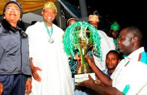 Photo: Aregbesola Witnesses Final Of 2017 Governor’s Cup Football Competion Governor State of Osun, Ogbeni Rauf Aregbesola (2nd left), his deputy, Mrs. Titi Laoye-Tomori (left), Chairman Osun State All Progressives Congress (APC), Prince Gboyega Famodun (2nd right), and Executive Secretary, Egbedore South Local Council Development Autority, Ido Osun, Hon. Ajao Adekola Akeem (right), during the final match between Rovet (FC)-Iwo and Fehinti (FC)-Ido-Osun which ended 3-2 in favour of Fehinti FC after a penalty shootout at Osogbo Township Stadium, Osogbo…