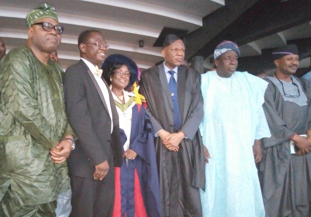 L-R: Secretary to Oyo State Government, Mr. Olalekan Alli, the Vice-Chancellor, The Technical University, Ibadan, Prof. Ayobami Salami, the Inaugural Lecturer, Prof. Abiodun Salami, the Vice-Chancellor, Obafemi Awolowo University, Ile-Ife, Prof. Eyitope Ogunbodede, Oyo State Deputy Governor, Chief Moses Adeyemo, and an official of the Oyo State Government during shortly before the lecture was delivered…
