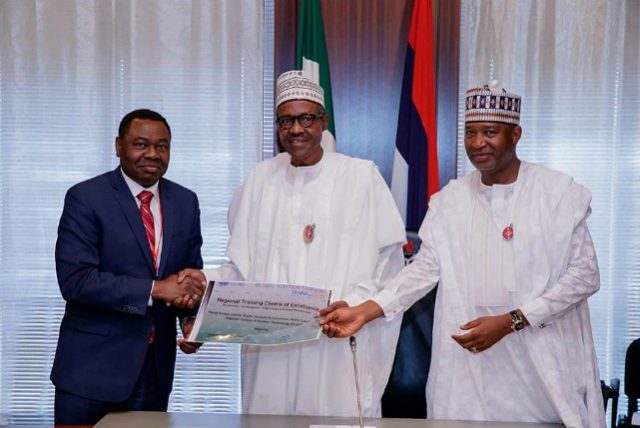 President Buhari with ICAO President Dr Olumuyiwa Bernard Aliu and Minister of Aviation Hadi Sirika as he receives in audience President of International Civil Aviation Organization (ICAO) and African Development Bank