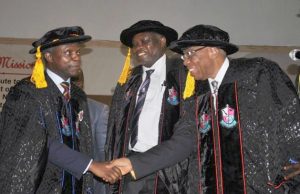 10th Convocation: Lead City University Ibadan Hosts Osinbajo L-R: Vice President, Prof Yemi Osinbajo, Pro-Chancellor Lead City University, Prof Jide Owoeye and Chancellor of the University, Prof Gabriel Ogunmola during the Convocation…