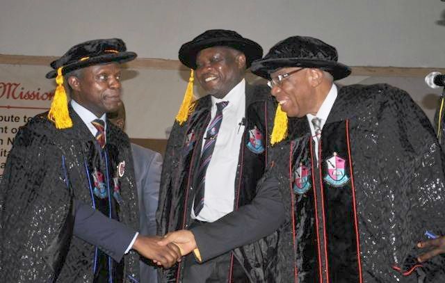 L-R: Vice President, Prof Yemi Osinbajo, Pro-Chancellor Lead City University, Prof Jide Owoeye and Chancellor of the University, Prof Gabriel Ogunmola during the Convocation…