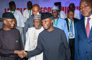 Photo: Osinbajo Declares Open Legislative Economic Summit Dr. Bode Ayorinde, Chairman, Tactical Committee on Economic Recession; Hon. Aminu Waziri Tambuwal. Gov, Sokoto State; Vice President Yemi Osinbajo; Hon. Yakubu Dogara, Speaker, House of Rep.; during the Summit…