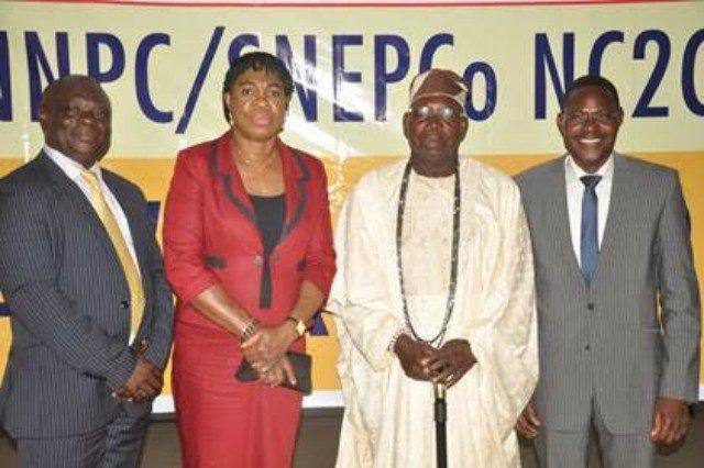 L– R: Principal Lead Forte Gate College, Lekki, Lagos, Kayode Oni; SNEPCo’s Social Performance and Social Investment Manager, Gloria Udoh; traditional ruler of Awoyaya in Lekki, Chief Isiaka Babatunde Eletu; and SNEPCo’s General Manager, Exploration, Dayo Adewuyi, at the NNPC/SNEPCo National Cradle-to-Career scholarship award ceremony in Lagos…recently…