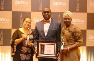 Sustainability Innovation In Africa: Shell Companies Emerge Best L– R: Partnerships Coordinator, Social Performance and Social Investment, The Shell Petroleum Development Company Company, Anike Kakayor; Strategy and Value Assurance Manager, Godwin Ikuwe; and Clinical Health Adviser, Dr. Olayinka Mosuro, at the 2017 SERAs-CSR Awards in Lagos… on Friday
