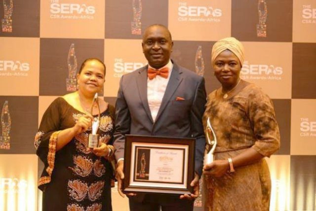 L– R: Partnerships Coordinator, Social Performance and Social Investment, The Shell Petroleum Development Company Company, Anike Kakayor; Strategy and Value Assurance Manager, Godwin Ikuwe; and Clinical Health Adviser, Dr. Olayinka Mosuro, at the 2017 SERAs-CSR Awards in Lagos… on Friday