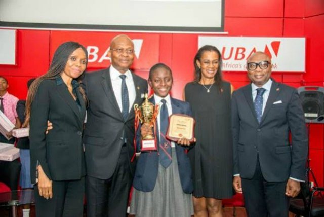 L-R: Group Head, Human Resources, United Bank for Africa (UBA) Plc, Patricia Aderibigbe; GMD/CEO, UBA Plc, Mr. Kennedy Uzoka; Overall Winner of the 2017 UBA Foundation National Essay Competition and Student of British Nigerian Academy, Miss Samuella Sam-Orlu; Managing Director/CEO, UBA Foundation, Bola Atta; and Group Head, Secretariat & Corporate Services, UBA Plc, Bili Odum during the Grand finale and prize giving ceremony…