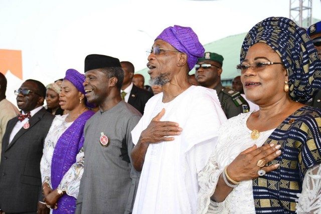 R-L: From right, Deputy Governor of Osun, Mrs Titi Laoye-Tomori; Governor Rauf Aregbesola; Vice President Yemi Osinbajo; Wife of Osun Governor, Sherifat and Minister of Health, Professor Isaac Adewole, during the event…