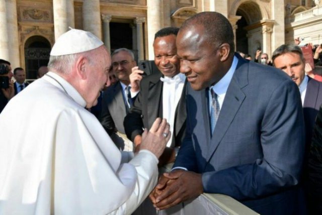 Hon Yakubu Dogara, right, with Pope Francis...