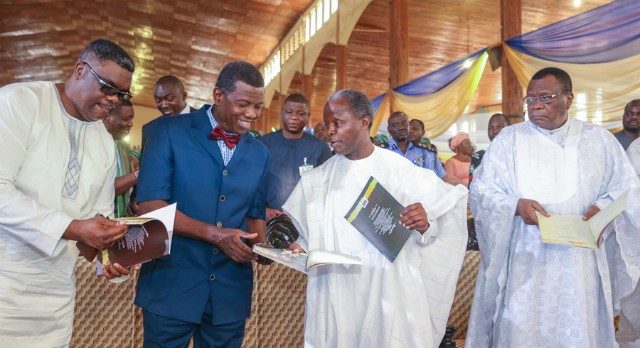 R-L: Prophet (Dr.) S.K Abiara; Vice President Yemi Osinbajo; Pastor E.A Adeboye; and Pastor Isaac Abiara (son) during the thanksgiving service