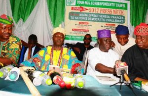 Photo: Aregbesola Declares Open Osun NUJ Correspondents Chapel Press Week From the right, Guest Lecturer, Dr. Fassy Adetokunbo Yusuf; Chairman, Correspondents Chapel of NUJ, Mr Hammed Oyegbade; State of Osun Commissioner for Information and Strategy, Mr Adelani Baderinwa, representing the Governor; Chairman, Council of Owu Traditional Rulers/Royal Father of the Day, Oba Hammed Adekunle Oyelude and Chairman Nigeria Union of Journalists, Osun, State, Mr. Abiodun Olalere, during the opening ceremony…