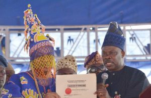 Photo: How Amosun Officially Installed The Akarigbo Of Remoland Governor Ibikunle Amosun of Ogun State, right, with the new Oba Babatunde Adewale Ajayi...