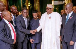 Buhari To NBA: Let’s Avert Collapse Of Public Confidence In Our Judicial System ...when top shots of the Nigerian Bar Association met with President Muhammadu Buhari on Thursday...here, the President welcomes Chief Isiaka Abiola Olagunju, NBA's Sec-Gen...