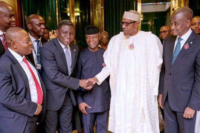 ...when top shots of the Nigerian Bar Association met with President Muhammadu Buhari on Thursday...here, the President welcomes Chief Isiaka Abiola Olagunju, NBA's Sec-Gen...