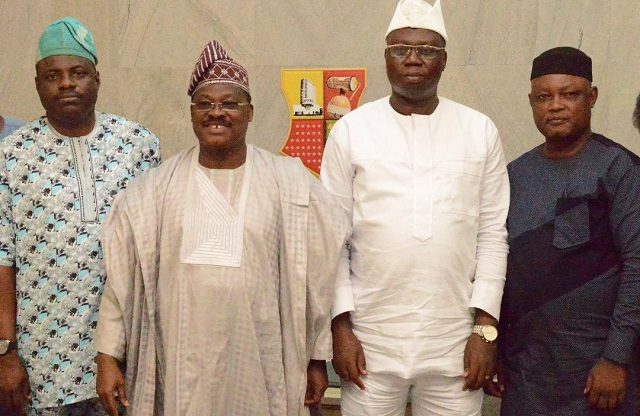 L-R: Oyo State Commissioner for Local Government and Chieftaincy Matters, Mr. Bimbo Kolade; Governor, Senator Abiola Ajimobi; the Are Ona Kakanfo designate, Chief Gani Adams; and the Executive Assistant to the governor on Political Matters, Dr. Morohunkola Thomas, during the visit…