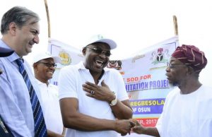 Aregbesola Inaugurates Most Expensive Project In History Of Osun From right, Governor State of Osun, Ogbeni Rauf Aregbesola; Managing Director, Ganji Group of Company, Dr. Abubakar Sanusi; Alhaji Adoke Abdulrahman and procurement engineer, Reza Gohavy, at the flag-off of 23.4bn Ilesa water project, at Oke Imo area, Ilesa on Monday