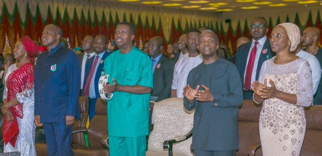 L-R: The Speaker, Federal Hse of Rep. Yakubu Dogara and wife; General Overseer RCCG, Pastor E.A Adeboye; Vice President Osinbajo and his wife