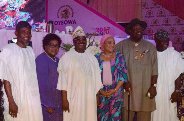 L-R: Osun State Governor, Ogbeni Rauf Aregbesola; a former Vice President of Zimbabwe, Dr. Joice Mujuru; Oyo State Governor, Senator Abiola Ajimobi; his wife, Florence; Bayelsa State Governor, Mr. Seriake Dickson; and Lagos State Governor, Mr. Akinwumi Ambode, during the opening ceremony of OYSOWA, at the International Conference Centre, University of Ibadan, Ibadan... on Wednesday…