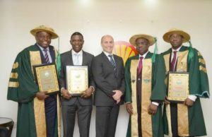 Shell Staff Members Bag Society Of Engineers’ Fellowship L-R: Projects Delivery and Assurance Manager of Shell Petroleum Development Company, Walter Egemba; Project Manager Bonga South West of Shell Nigeria Exploration and Production Company, Woji Weli; Vice President, Shell Nigeria and Gabon, Peter Costello; Managing Director of SNEPCo, Bayo Ojulari; and SNEPCo Engineering Manager, Debo Oladunjoye; at a reception by Costello for them as Fellows of the Nigeria Society of Engineers in Lagos…on Tuesday…