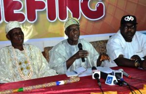 Photo: Installation Of Gani Adams Begins With Media Parley From left, Basorun of Oyo, Chief Akinade Yusuf, Chairman Are- Ona Kakanfo Installation committee, Archbishop Ayo Ladigbolu and representative of Gani Adams committee, Chief Femi Davies during the press conference