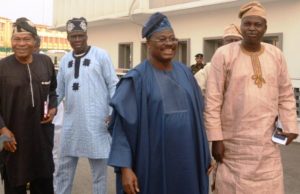 Photo: When Gov Ajimobi Met CCII Leaders Over Lingering Ibadan Chieftaincy Brouhaha L-R: A representative of the Ibadan Elders, Chief Lere Adigun; one of the leaders of the Authentic Mogajis, Chief Abas Oloko; Oyo State Governor, Senator Abiola Ajimobi; and Leader and Spokesperson of the Authentic Mogajis, Chief Olawale Oladoja…after the meeting…