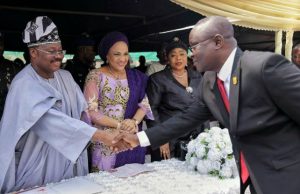 The Abiola Ajimobi I Know By ‘Soji Eniade, mni L-R: Oyo State Governor, Senator Abiola Ajimobi; his wife, Chief Florence Ajimobi; Deputy Chief Registrar State High Court, Alhaja Fatimah Badrudeen; and State's outgoing Head of Service, Mr. Soji Eniade...at the event...