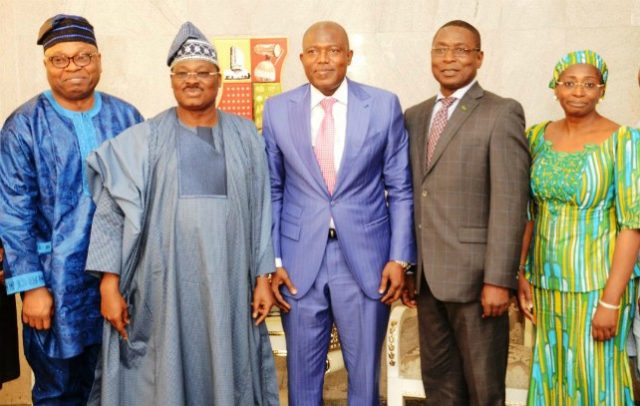 L-R: Secretary to the Oyo State Government, Mr. Olalekan Alli; State Governor, Senator Abiola Ajimobi; Managing Director, Bank of Industry, Mr. Olukayode Pitan; General Manager, Small and Medium-scale Enterprises (South), Mr. Abdulganiyu Mohammed; and Head, Media and External Relations, Ms. Mabel Ndagi, when the bank officials visited the governor, in his office, in Ibadan... on Tuesday…