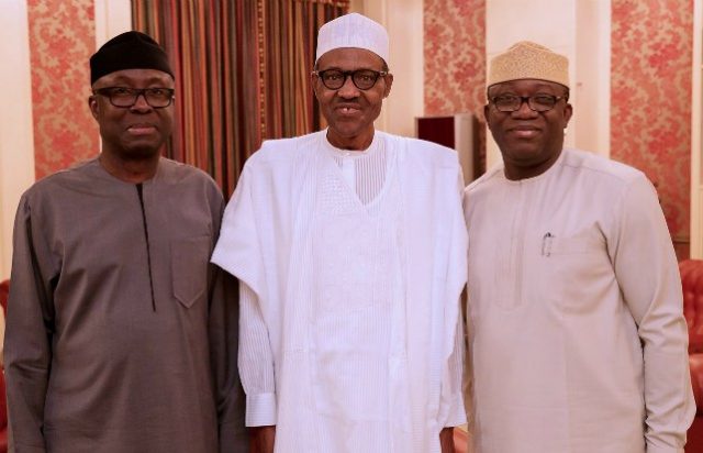 L-R: Otunba Niyi Adebayo, President Muhammadu Buhari and Dr Kayode Fayemi...