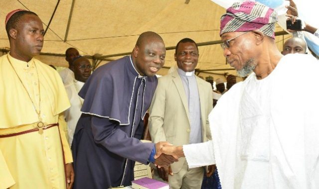Osun’s Gov Rauf Aregbesola, exchanging greetings with the State Vice Chairman of Christian Association of Nigeria (CAN), Rev. John Adeniyi, Bishop of Methodist Church Osogbo, Bishop Ogunrinade Amos (left) and CAN Public Relation officer, Hon. Ojelade Williams, during the inter-Religious Service at the government Secretariat, Osogbo…