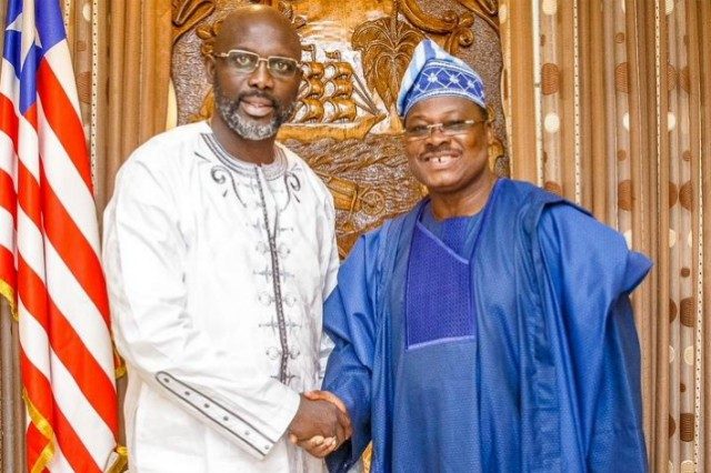 Oyo State Governor, Senator Abiola Ajimobi, right, with the President of Liberia, Mr. George Weah, during the visit…