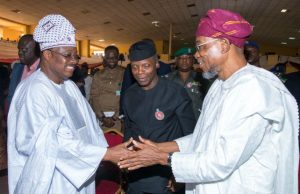 Day Yoruba Youths Insisted On Restructuring Of Nigeria In The Presence Of Osinbajo Professor Yemi Osinbajo, SAN, flanked by Senator Abiola Ajimobi, left, and Ogbeni Rauf Aregbesola...at the summit...