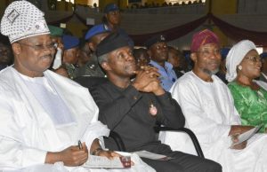 Photo: Osinbajo, Aregbesola, Ajimobi Attend Southwest Regional Youth Summit From left, Oyo State Governor, Senator Abiola Ajimobi; Vice-President Yemi Osinbajo; Osun Governor, Ogbeni Rauf and his deputy, Mrs Titi Laoye-tomori, during the summit...