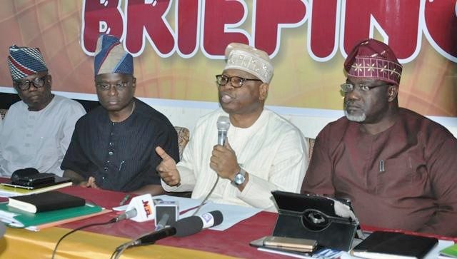 From the left: Special Adviser to Oyo state governor on Communication and strategy, Mr. Yomi Layinka, Head of Oyo state Civil Service, Mr. Soji Eniade, Secretary Oyo state government(SSG), Alh. Olalekan Alli and Commissioner for Information, Culture and Tourism, Mr. Toye Arulogun at the briefing…