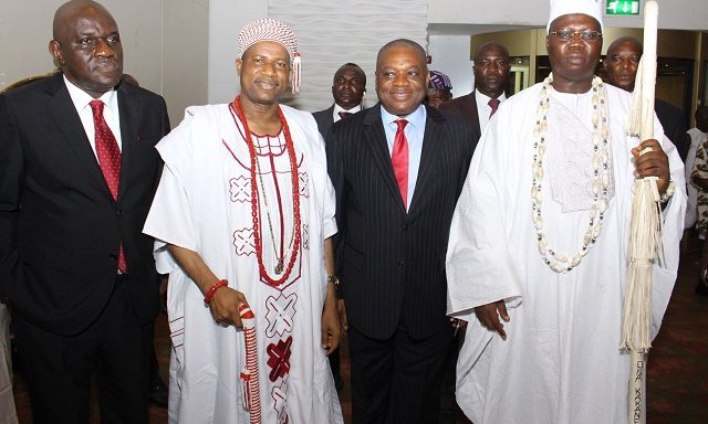 R-L: Aare Onakakanfo, Dr Gani Adams, Dr Orji Uzor Kalu, the Chairman of The Sun Newspapers and others at the event...