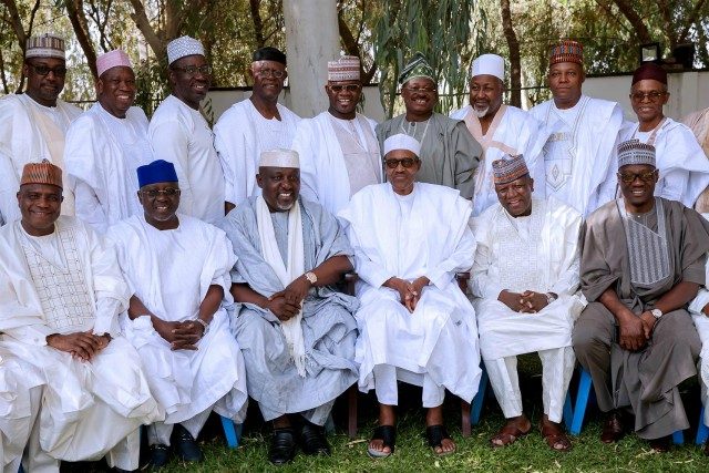 Oyo's Governor Abiola Ajimobi (standing fourth from the right) and other APC Governors with President Muhammadu Buhari in Daura...on Friday...