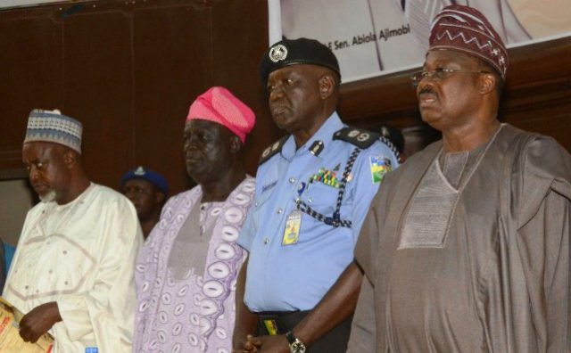 L-R: First Vice President, Miyetti Allah Cattle Breeders Association of Nigeria, Alhaji Hussein Bosso; Oyo State Chairman, All Farmers Association of Nigeria, Chief Amos Ajibesin; Commissioner of Police at the state command, Mr. Abiodun Odude; and State Governor, Senator Abiola Ajimobi, at a stakeholders' meeting to resolve the lingering farmers-herdsmen clashes, held at the House of Chiefs, Secretariat, Ibadan... on Monday…